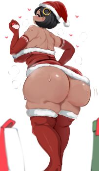 1girl absurdres ass back bare_shoulders christmas commentary_request dark-skinned_female dark_skin emma_(pokemon) hat highres jinzai_5 looking_at_viewer nintendo poke_ball pokemon santa_hat short_hair simple_background smile solo standing