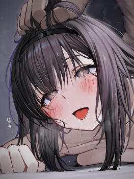 1boy 1girl absurdres arknights black_eyes black_hair black_hairband blush breasts commentary_request diamond-shaped_pupils diamond_(shape) hairband hetero highres large_breasts long_hair open_mouth priestess_(arknights) symbol-shaped_pupils tab_head tongue tongue_out