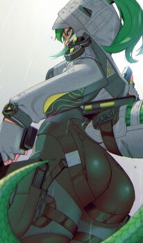 Rule 34 | 1girl, arknights, arknights: endfield, ass, black bodysuit, bodysuit, commentary, cowboy shot, dual wielding, fingerless gloves, fluorite (arknights), from below, gloves, green eyes, green hair, gun, highres, holding, holding gun, holding weapon, hood, hood up, hooded shrug, kimo suna, lizard tail, long hair, long sleeves, looking at viewer, looking down, ponytail, puffy long sleeves, puffy sleeves, rain, reptile girl, ruffling hair, shrug (clothing), solo, tail, weapon, white gloves, white shrug
