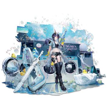 1girl arknights ball belt belt_boots black_belt black_boots black_shorts blue_hair blue_jacket boots breasts ch&#039;en_(arknights) ch&#039;en_the_holungday_(arknights) ch&#039;en_the_holungday_(holiday)_(arknights) clock closed_mouth crop_top cropped_jacket detergent dragon_girl dragon_horns dragon_tail english_text frilled_overskirt full_body gloves highres holding holding_water_gun horns indoors jacket knee_boots knees_together_feet_apart laundry laundry_basket long_hair long_sidelocks looking_at_viewer medium_breasts navel net official_alternate_costume official_art open_clothes open_jacket overskirt palm_tree ponytail pouch red_eyes reflective_floor rubber_duck rubber_gloves sheath sheathed shorts sidelocks smile soap_bubbles solo standing sunglasses sword tail thigh_pouch third-party_source transparent_background tree visor_cap wall_clock washing_machine water_gun weapon weapon_case window yellow_gloves yyb