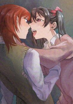 2girls adversarial_noise black_hair bow cardigan commentary fang green_sweater_vest hair_bow hashtag-only_commentary highres love_live! love_live!_school_idol_project medium_hair multiple_girls nishikino_maki open_mouth pink_bow pink_cardigan purple_eyes red_eyes red_hair shirt surfacedxxc sweater_vest twintails white_shirt yazawa_nico yuri