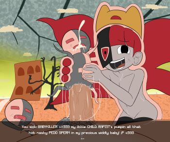 1boy absurdres aerd all_the_way_through animal_hat artificial_vagina assisted_masturbation assisted_rape cat_hat colored_skin cum desert ena_(series) english_text fat fat_man grey_skin hat highres huge_filesize loli long_hair looking_at_viewer motion_lines multiple_girls navel nude open_mouth outdoors pedophile pov public_indecency pussy_juice rape red_hair sex_toy size_difference smile stray_pubic_hair taski_maiden_(ena) tree uncensored