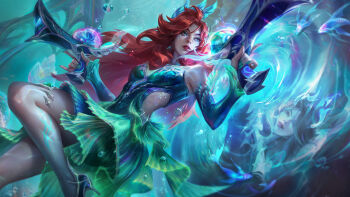 Rule 34 | 1girl, artist request, bubble, dress, dual wielding, fish, freckles, green dress, gun, handgun, high heels, highres, holding, holding gun, holding weapon, league of legends, league of legends: wild rift, lipstick, long hair, makeup, miss fortune (league of legends), official art, pirate, red hair, red lips, reflection, riot games, sleeveless, solo, stiletto heels, thighs, underwater, weapon
