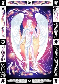anatomy angel angel_wings barefoot black_border bone border colored_skin commentary crescent diagram english_commentary faceless feathered_wings full_body galaxy gradient_wings hand_up heart highres multicolored_wings neuron original ornate_border purple_background purple_theme purple_wings shooting_star snowlattes solo spine standing star_(sky) star_(symbol) tooth veins white_border white_skin white_wings wings