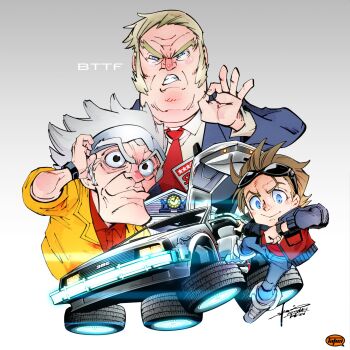 Rule 34 | 3boys, adjusting eyewear, back to the future, back to the future part ii, biff tannen, blonde hair, book, brown hair, car, caricature, christopher lloyd, clock, commentary, delorean, denim, donald trump, dress shirt, emmett brown, eyewear on head, formal clothes, frown, glasses, gradient background, gull-wing doors, highres, jacket, jeans, lens flare, long sleeves, male focus, marty mcfly, michael j. fox, motor vehicle, multiple boys, necktie, ok sign, pants, parody, red necktie, shirt, short hair, sideburns, signature, sleeves rolled up, smile, spiked hair, suit, sunglasses, takei hiroyuki, teeth, time machine, unused tire, vehicle focus, vest, watch, white hair, wristwatch