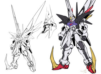 aqua_eyes armor artist_name clenched_hands close-up full_body g_gundam gundam gundam_heaven&#039;s_sword haganef joints mecha mecha_focus mobile_suit multiple_views no_humans no_pupils robot robot_joints shoulder_armor signature simple_background standing v-fin white_background wings