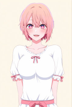 Rule 34 | + +, 1girl, absurdres, ai-assisted, albert keirich, bow, bowtie, breasts, commentary request, highres, jo shin ogi, large breasts, looking at viewer, pink bow, pink bowtie, pink eyes, pink hair, shibatou atsumi, short hair, simple background