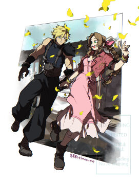 1boy 1girl absurdres aerith_gainsborough aqua_eyes arm_behind_back armor bandaged_arm bandages belt black_gloves black_pantyhose black_shirt blonde_hair boots border braid braided_ponytail breasts brown_boots brown_hair buttons cleavage cloud_strife commentary_request couple cropped_jacket dress falling_petals final_fantasy final_fantasy_vii final_fantasy_vii_rebirth final_fantasy_vii_remake full_body gloves gold_bangle green_eyes hair_between_eyes hair_ribbon hetero highres holding_hands jacket long_dress long_hair looking_at_another medium_breasts mi_cha_iru multiple_belts open_mouth pantyhose parted_bangs parted_lips pauldrons petals pink_dress pink_ribbon red_jacket ribbon shirt short_hair short_sleeves shoulder_armor sidelocks silver_bangle single_bare_shoulder single_braid single_pauldron sleeveless sleeveless_turtleneck slums smile spiked_hair suspenders turtleneck twitter_username walking white_border yellow_petals
