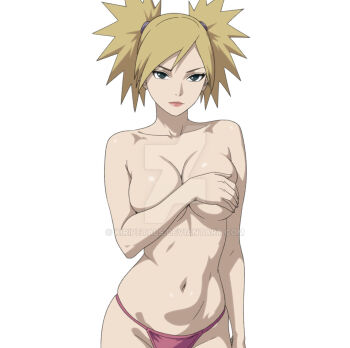 1girl blonde_hair blue_eyes boruto:_naruto_next_generations boruto_(series) breasts covering_breasts covering_privates highres kiripetals large_breasts looking_at_viewer makeup naruto_(series) navel panties quad_tails solo temari_(naruto) underwear watermark white_background