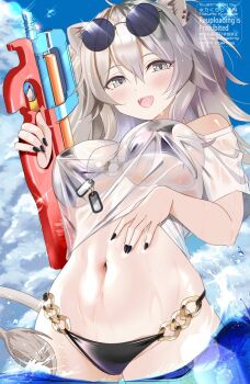1girl bikini black_bikini black_nails breasts cowboy_shot eyewear_on_head fingernails grey_eyes grey_hair highres hololive large_breasts lion_girl mizuno_kurage navel see-through_clothes see-through_shirt sharp_fingernails shirt shishiro_botan solo sunglasses swimsuit virtual_youtuber water water_gun wet wet_clothes wet_shirt white_shirt