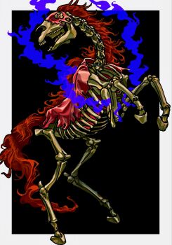 Rule 34 | 1boy, alternate form, bakotsu (youkai), bisphonate, black background, colored sclera, ethan-baron v. nusjuro, full body, hagoromo, highres, horse, male focus, monster, one piece, open mouth, orange fur, shawl, skeleton, torn clothes, yellow sclera