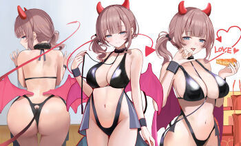1girl apple_pie arm_at_side ass asymmetrical_sidelocks back bare_shoulders bent_over bikini black_bikini black_collar blue_eyes blunt_bangs blush breasts brown_hair cleavage closed_mouth clothing_cutout collar collarbone commentary_request cowboy_shot demon_girl demon_horns demon_tail demon_wings eating english_text food from_behind groin halterneck hand_on_wall hand_up hands_up heart highleg highleg_bikini highres holding horns large_breasts licking looking_at_viewer looking_back low_wings medium_hair mochizuki_honami multiple_views navel open_mouth pie project_sekai shiny_clothes side_ponytail sidelocks smile standing stomach swimsuit tail thighs tongue tongue_out usagi_melon3 white_background wings wristband