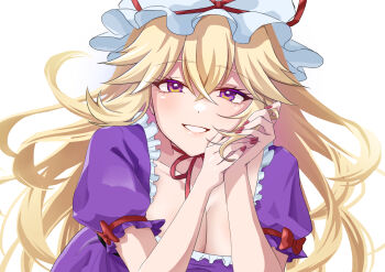 0002koko 1girl absurdres blonde_hair breasts choker cleavage commentary_request dress floating_hair frills hair_between_eyes hands_in_own_hair hands_up hat highres large_breasts long_hair looking_at_viewer mob_cap nail_polish own_hands_together parted_lips purple_dress purple_eyes red_nails ribbon_choker short_sleeves smile solo stretched_shirt teeth touhou upper_body white_background yakumo_yukari