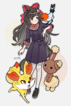 1girl animal_ears animal_on_arm bird bird_on_arm blush bow braid breasts brown_hair buneary closed_mouth coat crossover daiichi_ruby_(umamusume) drill_hair fang fennekin fletchling flower fox fur_trim gen_4_pokemon gen_6_pokemon hair_bow hair_flower hair_ornament hashtag-only_commentary highres horse_ears horse_girl horse_tail long_hair long_sleeves nintendo open_mouth pantyhose pokemon pokemon_(creature) pokemon_on_arm purple_coat purple_eyes rabbit red_eyes saramiao-chan simple_background smile tail umamusume white_pantyhose wings