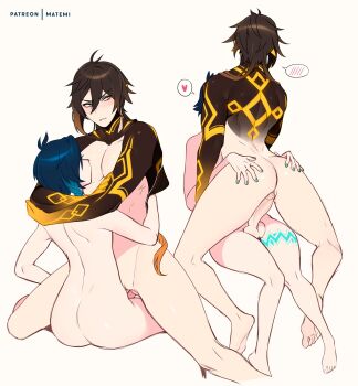 Rule 34 | 1cuntboy, 2boys, androgynous, arm tattoo, arms around neck, back tattoo, black hair, blue hair, blue nails, blush, braid, brown hair, colored skin, cuntboy, cuntboy with male, earrings, erection, eyeliner, genshin impact, gradient hair, hair between eyes, hand on another's ass, heart, highres, jewelry, josou seme, leg tattoo, long hair, makeup, male focus, matemi, multicolored hair, multiple boys, nail polish, nude, open mouth, patreon, patreon username, pectorals, penis, ponytail, pussy, reverse newhalf with male, simple background, single earring, speech bubble, spoken blush, spoken heart, tassel, tassel earrings, tattoo, testicles, twin braids, venti (genshin impact), white background, yellow eyes, zhongli (genshin impact)