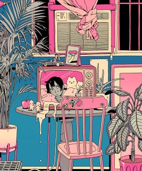 1girl air_conditioner apple apple_sticker black_hair blue_background chair choo colored_skin commentary cropped crt crying curtains demon_girl demon_horns demon_tail dripping english_commentary food fruit grey_skin horns indoors kewpie_doll limited_palette liquid mushroom_sticker night original paid_reward_available photo_(object) pink_background plant poster_(object) potted_plant power_cord puddle short_hair sticker stuffed_animal stuffed_toy table tail television toy_car under_covers window wooden_chair