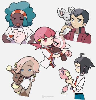 2girls 3boys black_eyes black_hair blue_hair brown_vest buneary cheren_(pokemon) closed_eyes closed_mouth cropped_torso dark-skinned_female dark-skinned_male dark_skin earrings eneko_(olavcnkrpucl16a) gen_2_pokemon gen_3_pokemon gen_4_pokemon gen_5_pokemon gen_7_pokemon highres holding holding_pokemon hug igglybuff ilima_(pokemon) jacket jewelry lenora_(pokemon) minccino multiple_boys multiple_girls necktie nintendo norman_(pokemon) one_eye_closed open_clothes open_jacket open_mouth pink_eyes pink_hair pokemon pokemon_(creature) pokemon_bw2 pokemon_hgss pokemon_oras pokemon_sm red_jacket red_necktie shirt skitty smile stufful twitter_username upper_body vest white_background white_shirt whitney_(pokemon)