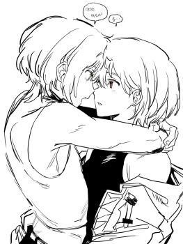 Rule 34 | 2girls, bang dream!, bang dream! it's mygo!!!!!, brown eyes, commentary request, eye contact, gommotheworld, highres, jacket, kaname raana, korean commentary, korean text, looking at another, multiple girls, off shoulder, shirt, short hair, simple background, sleeveless, sleeveless shirt, spot color, takamatsu tomori, translation request, white background, yellow eyes, yuri