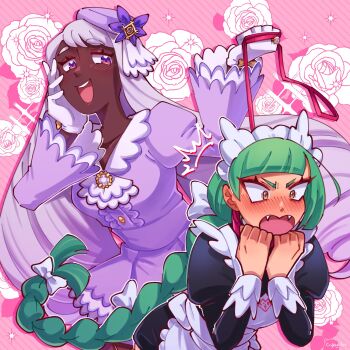 2girls ^^^ angry apron arms_up artist_name black_dress blunt_bangs blush braid brooch collar collarbone commentary cryleighart dress fangs floating_hair floral_background flower flower_request frilled_dress frills gloves gold_buttons gradient_eyes green_hair hand_on_own_cheek hand_on_own_face hat hat_flower hat_ornament highres holding holding_leash jacinthe_(pokemon) jewelry leaning_forward leash leash_pull lebanne_(pokemon) light_blush long_hair long_sleeves maid_apron maid_headdress multicolored_eyes multiple_girls nintendo nose_blush open_mouth orange_eyes pink_background pokemon pokemon_legends:_z-a purple_dress purple_eyes purple_flower purple_hair purple_hat red_collar ring rose_background smile sparkle striped_background struggling swept_bangs teeth twin_braids upper_body upper_teeth_only v-shaped_eyebrows very_long_hair white_gloves yellow_eyes