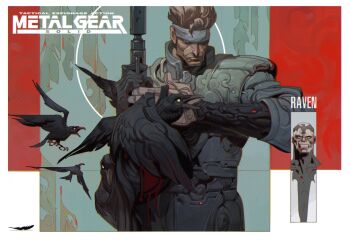 1boy bird bodysuit brown_hair commentary crow english_commentary grey_headband gun handgun headband holding holding_gun holding_weapon logo male_focus metal_gear_(series) metal_gear_solid short_hair sneaking_suit solid_snake suppressor vest vitaliy_shushko vulcan_raven weapon