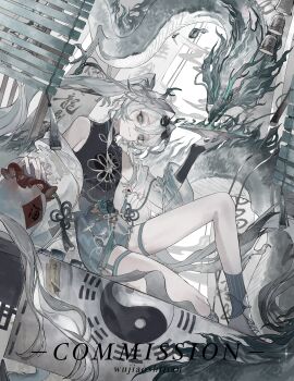 Rule 34 | 1girl, arm up, artist name, bare shoulders, blue eyes, closed mouth, coat, commission, decorations, dragon, dragon horns, dynamic pose, eastern dragon, english text, eyewear on head, fantasy, fire, flat chest, full body, gloves, hair between eyes, hair ornament, halterneck, hashtag-only commentary, highres, holding, holding plate, horns, jewelry, limited palette, long hair, plate, ponytail, scales, see-through clothes, see-through sleeves, shoes, short shorts, shorts, simple background, sneakers, socks, strap, striped clothes, striped socks, sunglasses, white hair, window blinds, wujiaoshijian, yin yang, yin yang print