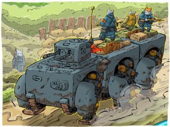 4boys box cat_boy caterpillar_tracks drum_(container) gun highres holding holding_gun holding_weapon machine_gun mechanical_legs military_vehicle multiple_boys original radio_antenna rifle tank_turret weapon yabarn