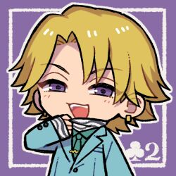 Rule 34 | 1boy, blonde hair, blue jacket, chibi, chibi only, club (shape), earrings, green necktie, high card, jacket, jasper libera, jewelry, long sleeves, looking at viewer, male focus, necktie, no nose, numae kaeru, open mouth, outline, purple eyes, scarf, solo, striped clothes, striped scarf, two of clubs, white outline