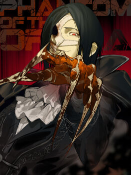 1boy ascot black_cape black_hair black_jacket blood blood_on_hands blood_on_mask cape character_name claw_(weapon) commentary english_text exposed_bone exposed_muscle fate/grand_order fate_(series) foreshortening half_mask hand_up highres jacket long_sleeves looking_at_viewer male_focus mask parted_hair parted_lips phantom_of_the_opera_(fate) reaching reaching_towards_viewer red_background red_eyes shirt short_hair smile solo suzuhi_(fullprayer) upper_body weapon white_ascot white_shirt