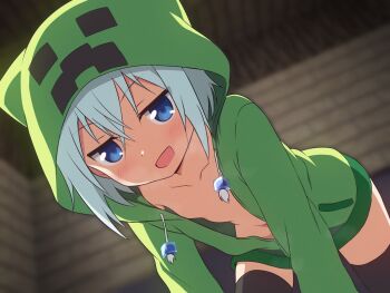 1girl black_thighhighs blue_eyes blue_hair blurry blurry_background commentary_request covered_erect_nipples covered_navel creeparka creeper curakuru derivative_work game_screenshot_background green_hoodie highres hood hoodie looking_at_viewer minecraft naked_hoodie navel open_mouth personification screenshot_background smile solo thighhighs