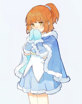 1girl arle_nadja arle_nadja_(winter_break) arm_warmers armor blue_arm_warmers blue_cape blue_mittens blue_skirt brown_hair cape chest_guard commentary covering_own_mouth cowboy_shot fur-trimmed_arm_warmers fur-trimmed_cape fur-trimmed_skirt fur_trim grey_background hands_up highres lirio_(nikori9) looking_at_viewer mittens open_mouth pom_pom_(clothes) ponytail puyopuyo puyopuyo_quest shirt short_ponytail simple_background skirt solo standing warming_hands white_background white_shirt winter_clothes yellow_eyes