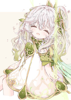 1girl ^_^ absurdres closed_eyes commentary_request detached_sleeves dress genshin_impact gold_trim gradient_hair green_hair green_sleeves grey_hair hair_ornament highres leaf_hair_ornament long_hair multicolored_hair nahida_(genshin_impact) open_mouth pointy_ears simple_background sleeveless sleeveless_dress smile solo wata_(watashi_j) white_background white_dress