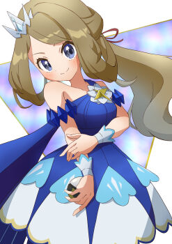 1girl absurdres blue_dress blue_eyes blush brown_hair closed_mouth crown dress highres holding holding_poke_ball long_hair looking_at_viewer master_ball nintendo official_alternate_costume poke_ball pokemon pokemon_masters_ex pokemon_xy ponytail refisa serena_(champion)_(pokemon) serena_(pokemon) smile solo