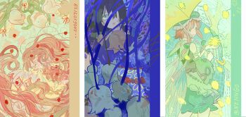 Rule 34 | 3girls, arch, armband, artist name, bare shoulders, black hair, blue capelet, blue dress, brown hair, brown sleeves, brown vest, bubble skirt, capelet, check copyright, closed mouth, collared shirt, copyright request, covering own face, detached sleeves, dress, expressionless, eyelashes, fairy, fairy wings, fetal position, floating hair, floral print, flower, frilled headwear, frilled shirt collar, frilled skirt, frills, frown, green eyes, green hat, green shirt, green skirt, green wings, hair bobbles, hair ornament, happy, hat, highres, holding, holding umbrella, lace, lace armband, lily of the valley, long dress, long hair, long sleeves, low-tied sidelocks, miniskirt, mob cap, multiple girls, nail polish, nengo, original, parted lips, pointy nose, print dress, purple eyes, rain, red eyes, red nails, sad, shirt, short hair with long locks, sidelocks, skirt, sleeveless, sleeveless shirt, smile, standing, straight hair, umbrella, umbrella over shoulder, very long hair, vest, white armband, white dress, white flower, wide-eyed, wide sleeves, wings, yellow umbrella