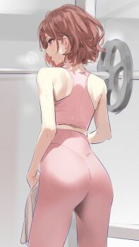 1girl alternate_costume ass bare_shoulders bra exercising female_focus from_behind gym hair_ornament hairpin highres higuchi_madoka idolmaster idolmaster_shiny_colors leggings pink_bra pink_leggings profile purple_eyes red_hair solo sports_bra sportswear sweat sweatdrop towel underwear upper_body weightlifting weights yd_(orange_maru)