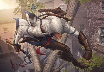 Rule 34 | 3boys, arrow (projectile), artist name, assassin's creed (series), assassin's creed iii, axe, boots, bow (weapon), brick wall, brown boots, brown gloves, building, clenched hands, coat, commentary, connor kenway, corpse, english commentary, fingerless gloves, gloves, hat, holding, holding axe, holding weapon, hood, jumping, leaf, logo, multiple boys, non-web source, outdoors, patrick brown, quiver, red coat, tomahawk, town, tree, tricorne, watermark, weapon, weapon on back, window