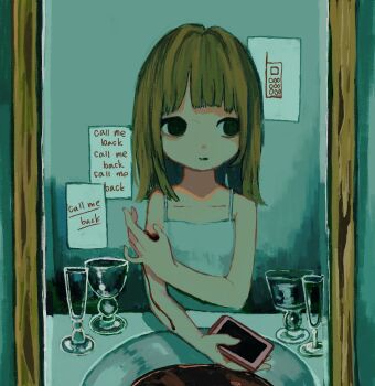 1girl blood brown_hair closed_mouth commentary_request cup drinking_glass english_text highres holding holding_phone kapura medium_hair mirror original phone reflection reflection_focus shirt sideways_glance sleeveless sleeveless_shirt solo spaghetti_strap split-color_clothes upper_body white_shirt