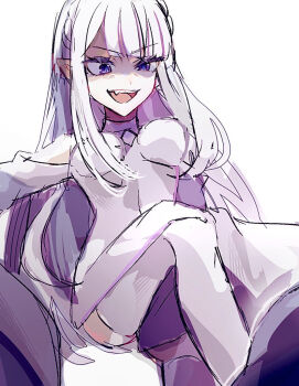 1girl bare_shoulders blunt_bangs boots breasts capella_emerada_lugnica commentary_request detached_sleeves emilia_(re:zero) evil_smile fang gesugao leg_up looking_down medium_breasts open_mouth pointy_ears purple_eyes re:zero_kara_hajimeru_isekai_seikatsu san_(sanmi0613) shapeshifter simple_background sketch smile solo thigh_boots white_background white_boots