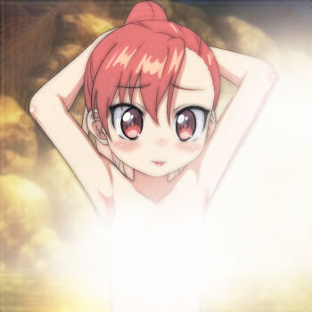 1girl arms_behind_head arms_up blush collarbone convenient_censoring flat_chest highres loli long_hair looking_at_viewer multicolored_hair nude onsen open_mouth partially_submerged pink_hair ponytail red_eyes red_hair rock ruri_no_houseki seto_shouko smile standing steam steam_censor t_jiroo_(ringofriend) two-tone_hair tying_hair upper_body water