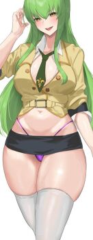 1girl aji_(sakanaaj1) ashford_academy_school_uniform ass breasts c.c. code_geass female_focus green_hair long_hair long_image looking_at_viewer medium_breasts open_mouth school_uniform sex shiny_skin simple_background skindentation skirt thick_thighs thighhighs thighs thong white_background white_thighhighs yellow_eyes