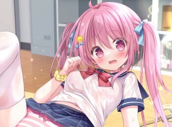 1girl ahoge blue_bow blue_sailor_collar blue_skirt blush bow bra breasts classroom fang floor hair_bow hair_ornament large_breasts long_hair looking_at_viewer midriff_peek on_floor open_mouth original panties picpicgram pink_eyes pink_hair pink_panties red_bow sailor_collar scrunchie shirt skirt solo sweat thighhighs twintails underwear white_panties white_shirt white_thighhighs wrist_scrunchie