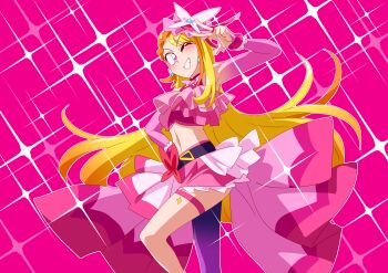 1girl absurdres belt black_belt blonde_hair bow braid braided_bangs bridal_gauntlets brooch butterfly_hat_ornament commentary cropped_shirt cure_butterfly earrings elbow_gloves frilled_shirt frills gloves grin hand_on_own_hip hat hat_ornament highres hijiri_ageha hirogaru_sky!_precure jewelry knee_up long_hair looking_at_viewer magical_girl microskirt midriff mob_cap multicolored_hair navel one_eye_closed orange_hair otokamu outline pantyhose pink_background pink_gloves pink_hat pink_shirt pink_skirt pleated_skirt precure purple_eyes purple_pantyhose red_bow shirt showgirl_skirt simple_background single_leg_pantyhose skirt skirt_bow sleeveless sleeveless_shirt smile solo sparkle standing thigh_strap tilted_headwear two-tone_hair very_long_hair w white_outline wing_brooch