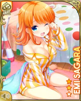 1girl alternate_hairstyle bed bedroom blue_eyes bow bowl breasts card_(medium) character_name clock collarbone door dresser drowsy english_text flower girlfriend_(kari) indoors kneeling large_breasts looking_at_viewer medium_hair official_art one_eye_closed open_mouth orange_hair pajamas pillow polka_dot qp:flapper red_bow rubbing_own_face sagara_emi shirt shorts striped tagme white_shirt yawning