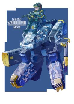 1boy :| assault_rifle barcode blue_background border camouflage closed_mouth digital_camouflage ephe99261012 full_body gloves gun head-mounted_display helmet highres holding holding_gun holding_weapon knee_pads mecha mecha_focus original outside_border rifle robot science_fiction sitting sitting_on_mecha suppressor trigger_discipline weapon white_border yellow_gloves