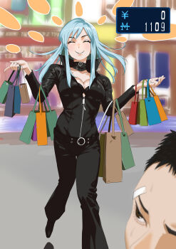 1boy 1girl absurdres bag belt black_bra black_lips black_pants blue_hair blush bodysuit bra breasts center_opening cleavage closed_eyes closed_mouth collar collarbone commentary devil_summoner:_soul_hackers devil_summoner_(series) eyelashes full-length_zipper happy highres holding holding_bag leather lipstick long_hair macossa makeup medium_breasts nemissa open_bodysuit open_clothes pants shiny_skin shopping shopping_bag smile solo_focus too_many_bags underwear user_interface walking yen_sign zipper
