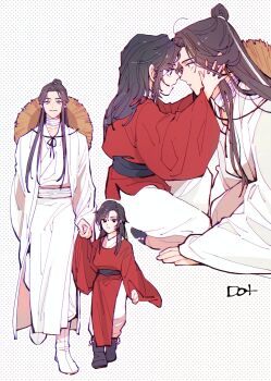 Rule 34 | 2boys, aged down, artist name, bandaged neck, bandages, black hair, boots, chinese clothes, eye contact, face-to-face, hand on another's face, hanfu, hat, hat on back, highres, holding hands, hua cheng, long hair, long sleeves, looking at another, male focus, multiple boys, multiple views, pants, red hanfu, robe, sash, sitting, smile, straw hat, tianguan cifu, to dot , topknot, white boots, white hanfu, white pants, wide sleeves, xie lian, yaoi, yuanlingpao