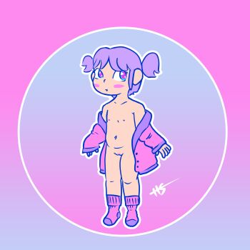 1girl blue_eyes female_focus flat_chest full_body highres jacket jacket_on_shoulders loli looking_at_viewer partially_naked pink_pupils purple_hair solo standing