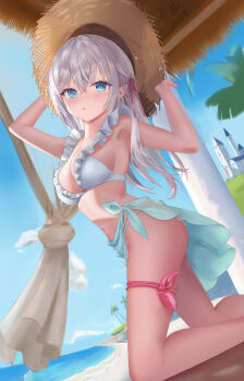 1girl 2025 absurdres alisa_mikhailovna_kujou alternate_costume armpits arms_behind_head ass backlighting beach bikini bikini_skirt bilingual_commentary blue_eyes blue_sky blush breasts chinese_commentary cleavage cloud collarbone commentary_request crossed_bangs curvy dated day dutch_angle eyelashes feet_out_of_frame frilled_bikini frills from_side grey_hair hair_between_eyes hair_ribbon hat highres jidijichengren kneeling large_breasts long_hair looking_at_viewer mixed-language_commentary navel ocean open_mouth outdoors palm_tree pink_ribbon ribbon sidelocks signature sky solo stomach straw_hat swimsuit thigh_strap thighs tokidoki_bosotto_roshia-go_de_dereru_tonari_no_alya-san tree triangle_mouth tsurime white_bikini