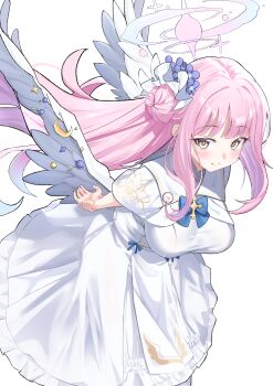 1girl absurdres angel_wings arms_behind_back blue_archive blush breasts capelet dress feathered_wings flower hair_bun hair_flower hair_ornament halo highres large_breasts long_hair looking_at_viewer mika_(blue_archive) olecafe2 pink_hair pink_halo simple_background single_side_bun smile solo white_background white_capelet white_dress white_wings wings yellow_eyes