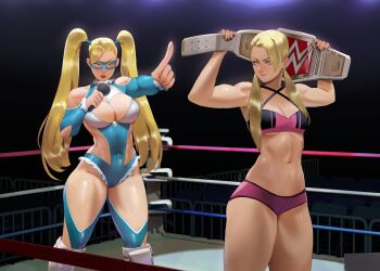 absurdres alexa_bliss bare_shoulders belt blonde_hair blue_eyes blue_leotard breasts championship_belt cleavage clothing_cutout domino_mask elbow_cutout eye_mask hair_pulled_back heart_cutout highres indoors large_breasts leoquezadilla leotard long_hair low_twintails mask medium_breasts microphone midriff open_mouth rainbow_mika shoulder_cutout street_fighter street_fighter_v thick_thighs thighs twintails wrestler wrestling wrestling_mask wrestling_outfit wrestling_ring wwe wwe_championship
