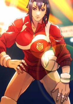 Rule 34 | 1girl, ayuhara natsu, bad id, bad twitter id, ball, breasts, burning isaka, buruma, capcom, cowboy shot, hand on own hip, highres, holding, holding ball, jacket, justice gakuen, knee pads, large breasts, lens flare, looking at viewer, red buruma, red jacket, short hair, solo, sunset, volleyball, volleyball (object), wristband, zipper